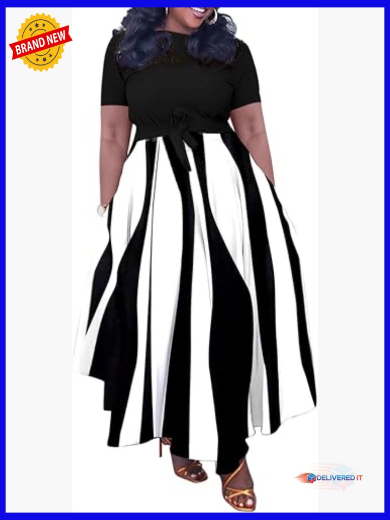 Plus Size A Line Maxi Dress With Belt 3/4 Sleeve Summer Casual